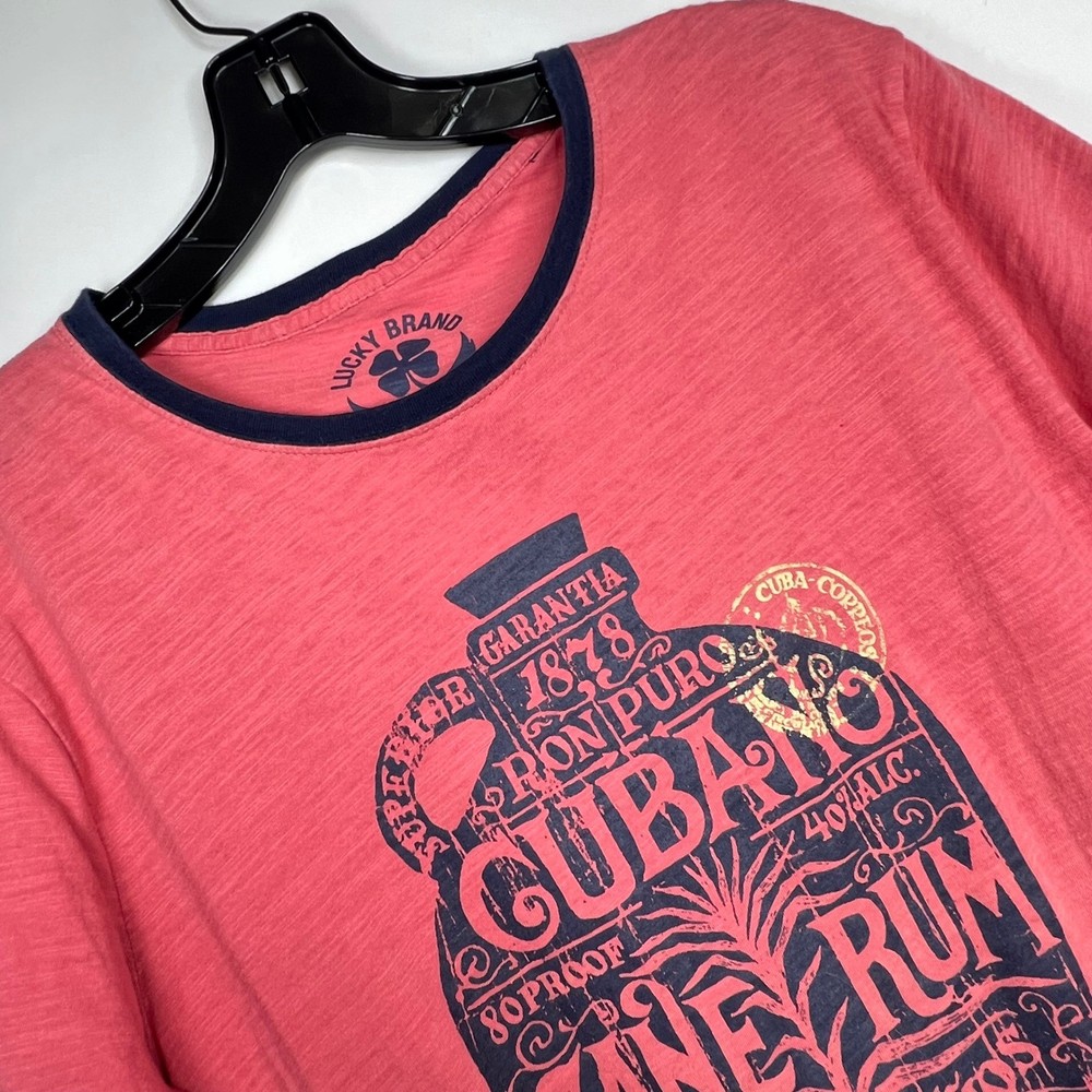 Lucky Brand Ron Puro Cubano Cane Rum Graphic Ringer Tee Mens M Retro Pink Red