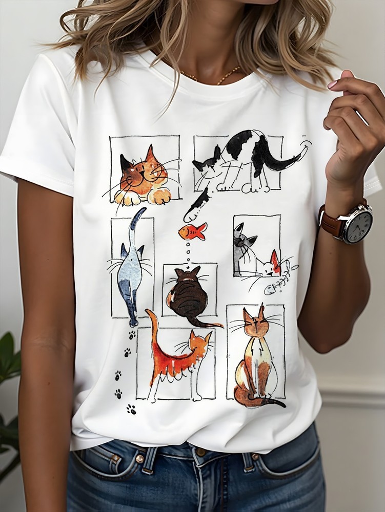 Watercolor Cat Windows T-Shirt Playful Multi-Cat Boutique Graphic Tee