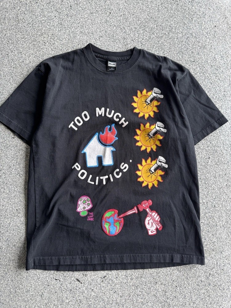y2k obey too much politics men’s black baggy tee t shirt short sleeve