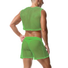 Men 2 Piece Set Fishnet Crop Tops Mesh See-Through Vests Undershirts With Shorts