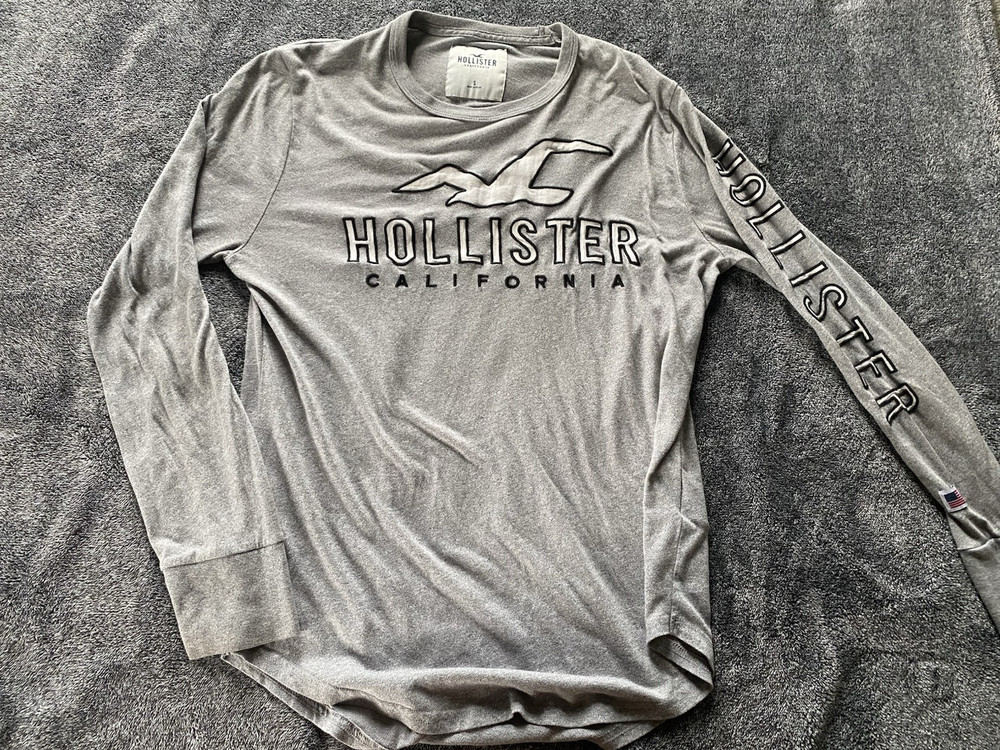 Hollister Gray Men’s Long Sleeve Crew Neck T-Shirt California Logo Embroidered S