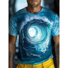 Men Summer 3D Wave Print T-Shirt Casual Short Sleeve Crew Neck Graphic Tee Shirt
