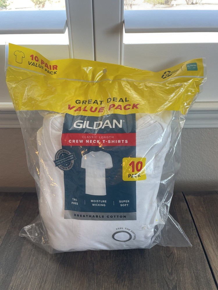Sz XL (10) Tag Free Crew White T Shirts Gildan Moisture Wicking Opened Package