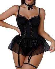 Sexy lingerie Set for Women Lace Up Corset Babydoll Underwire Sheer Mesh Ling…