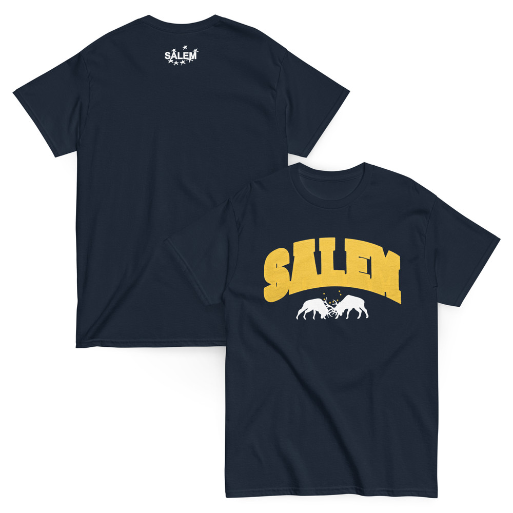 SALEM WITCH HOUSE BAND COLLEGIATE TEE NAVY BLUE/YELLOW/WHITE S4LEM MERCH RARE