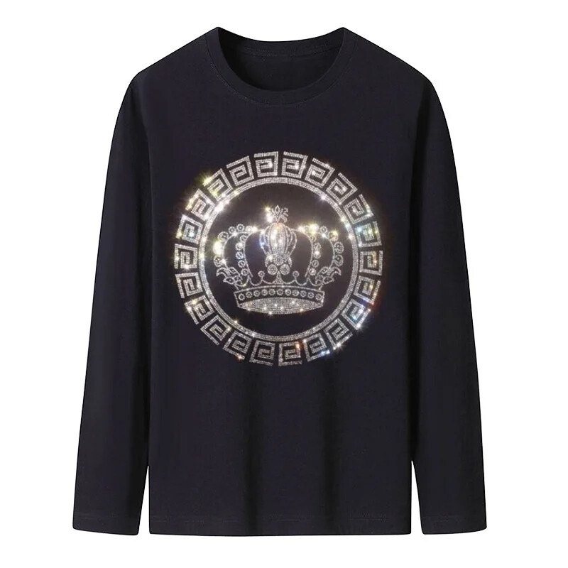 Fashion Hot Drill Rhinestones Diamond Long Sleeve Luxury Men Trend Black T-Shirt
