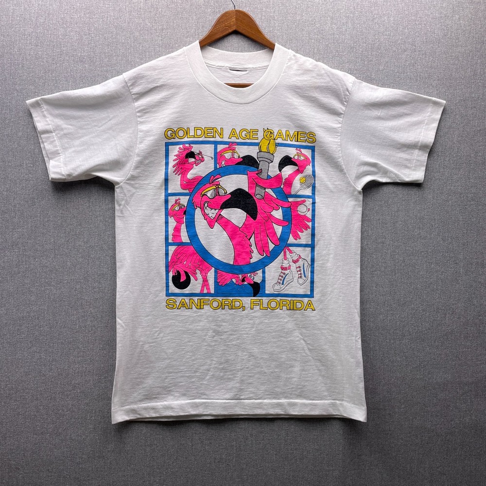 Vtg Flamingo Sanford Florida Graphic Mens M T Shirt Bright Pink Golden Age Games