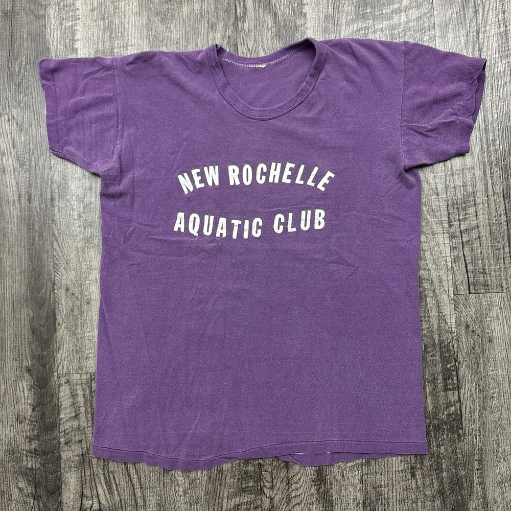 Vintage 60s 70s New Rochelle Aquatic Club Swim T Shirt New York Purple M