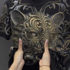 New Fashion Trend Lion Hot Diamonds Rhinestones Black Summer Luxury Men T-Shirt