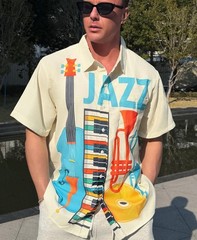 Jazz Music Hawaiian Shirt for Men, Short Sleeve Button Down with Musical Inst…