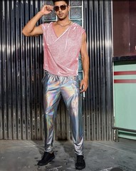 WDIRARA Men’s Glitter Draped Collar T Shirts Cowl Neck Sleeveless Tank Top Pink