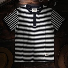 American Tough Guy Style Henry Collar Striped Washed Cotton Short Sleeved Shirt