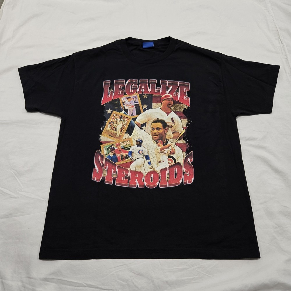 Size LARGE Friday Beers Legalize Steroids T-Shirt Black Graphic Tee Baseball EUC