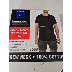 Kirkland Signature Crew Neck Tee Men Large Black 6 Pack 100% Cotton Tagless