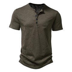 Men Summer Fashion Hip Hop Streetwear T-Shirts Henry Collar Solid Color Cotton T