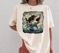 Black Cat Biting Shark Shirt, Funny Cat Lover Tshirt, Epic Graphic Tee