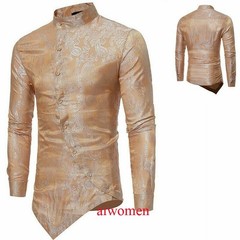 Men Printed Shirt Vintage Long Sleeve Grandad Collar Top Asymmetric Hem Slim YM0