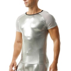 Men Elastic Oil Shiny Faux Leather Tops Fitness Short Sleeve T-shirts Stage Tees