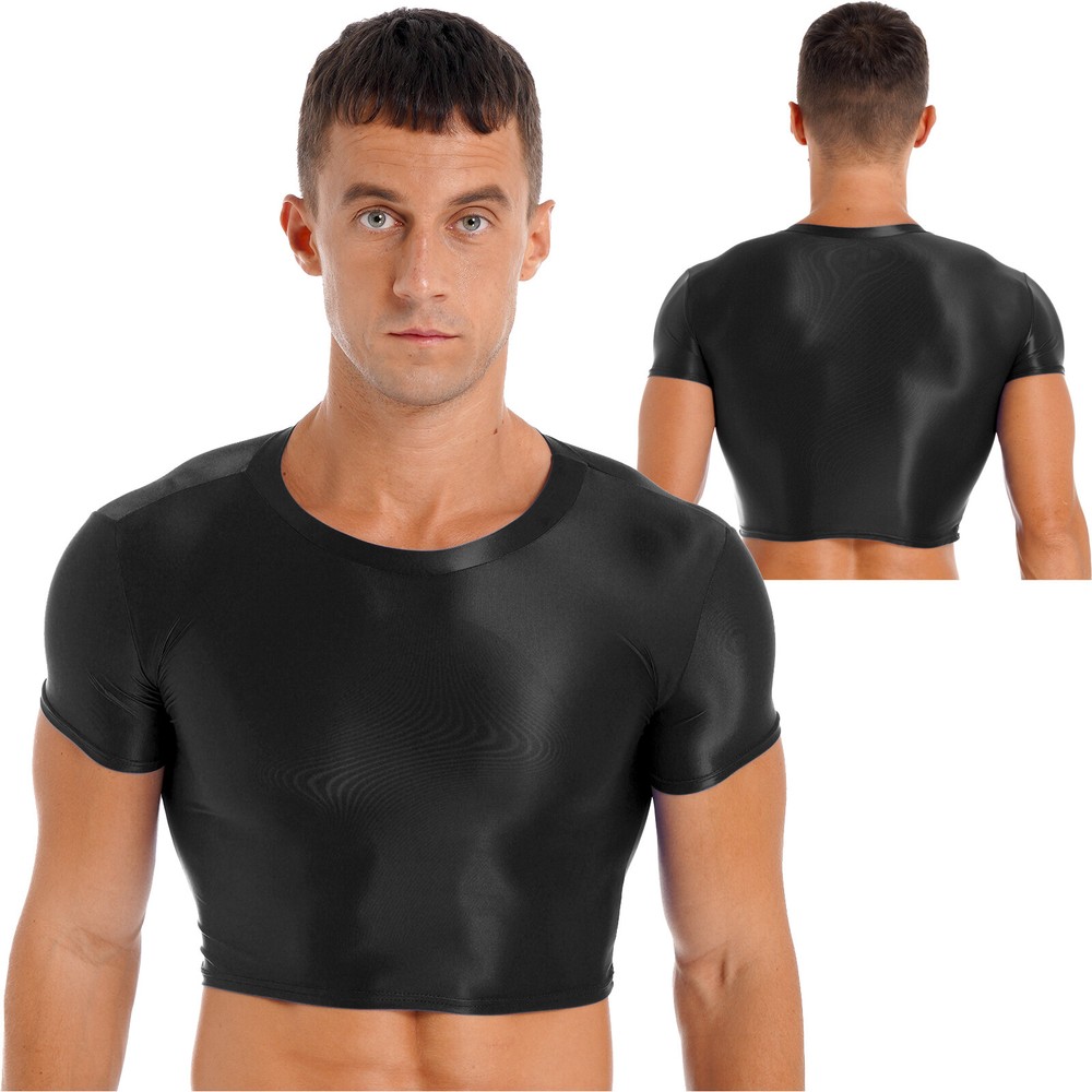 US Mens T-shirt Glossy Short Sleeve Crop Top Oil Shiny Sport Fitness Tee Workout