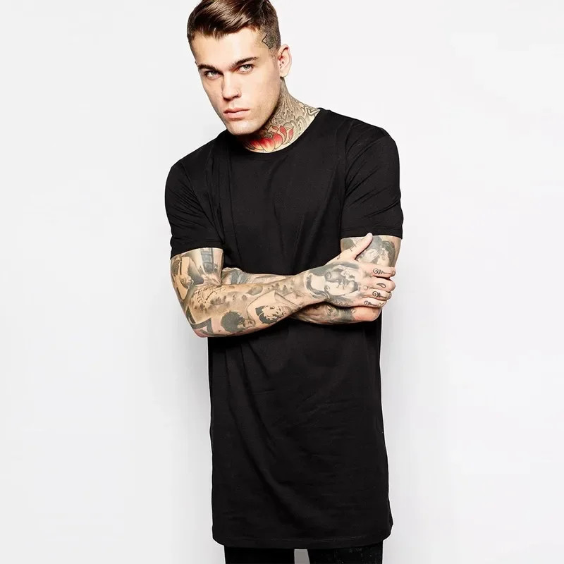 Men’s Extra Long T-Shirt Cotton Hip Hop Longline Tee Casual White Top