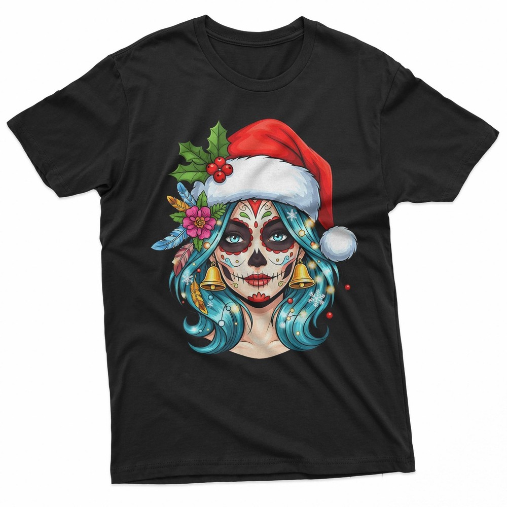 Christmas Sugar Skull Art Woman Santa Hat Festive Design T-Shirt
