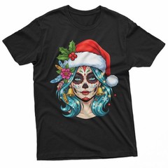 Christmas Sugar Skull Art Woman Santa Hat Festive Design T-Shirt