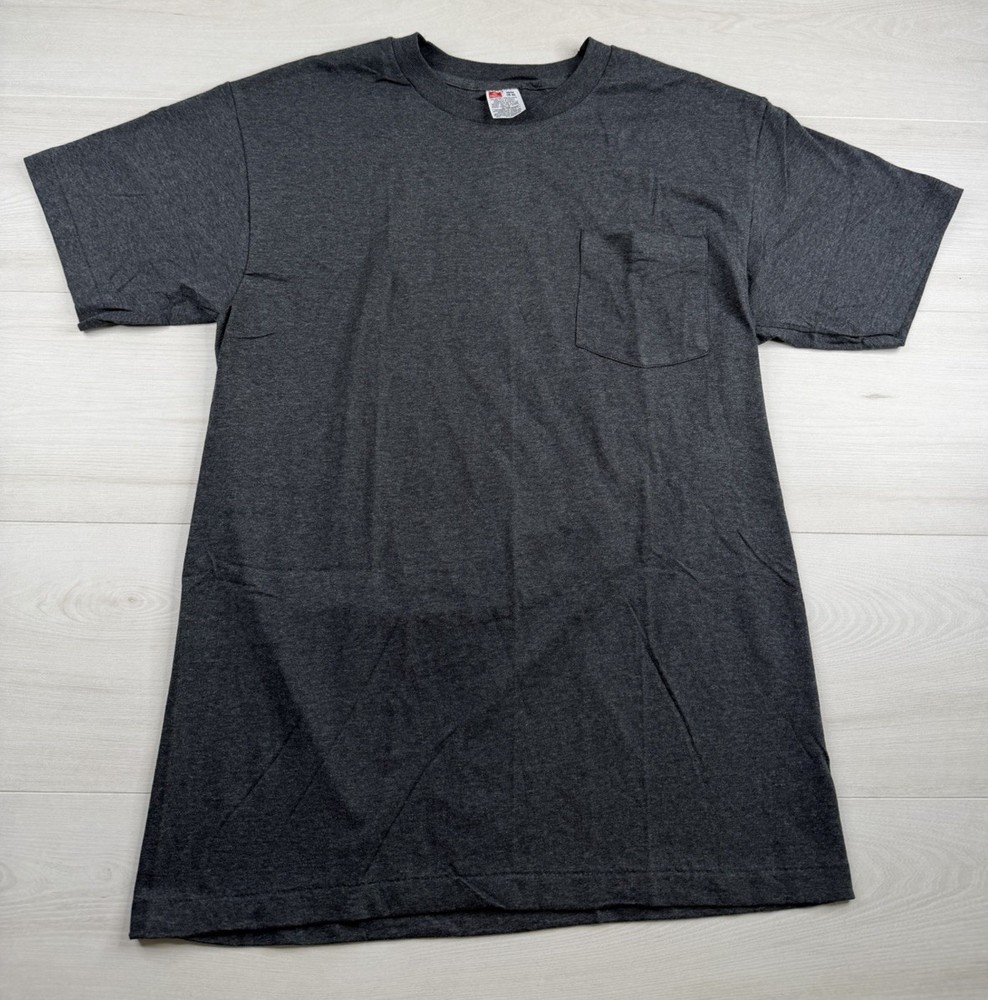 Vtg Hanes Blank Pocket T Shirt Gray Single Stitch Casual 90s Cotton Poly Blend M