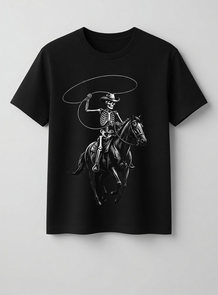 Men Women Rodeo Cowboy Skeleton Dark Western Horse Vintage Art Graphic T-Shirt