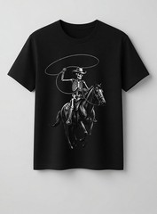 Men Women Rodeo Cowboy Skeleton Dark Western Horse Vintage Art Graphic T-Shirt