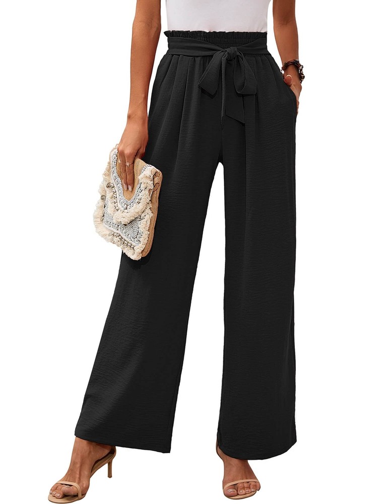 Women Wide Leg Lounge Pants Pockets High Waisted Adjustable Tie Knot Trousers