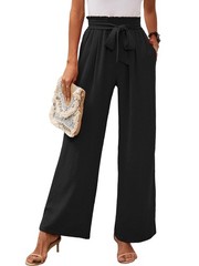 Women Wide Leg Lounge Pants Pockets High Waisted Adjustable Tie Knot Trousers