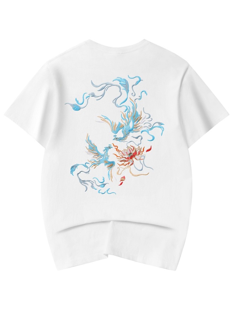 Niepce Japanese Streetwear Embroidery T-shirt Blue Phoenix Graphic Tee for Men