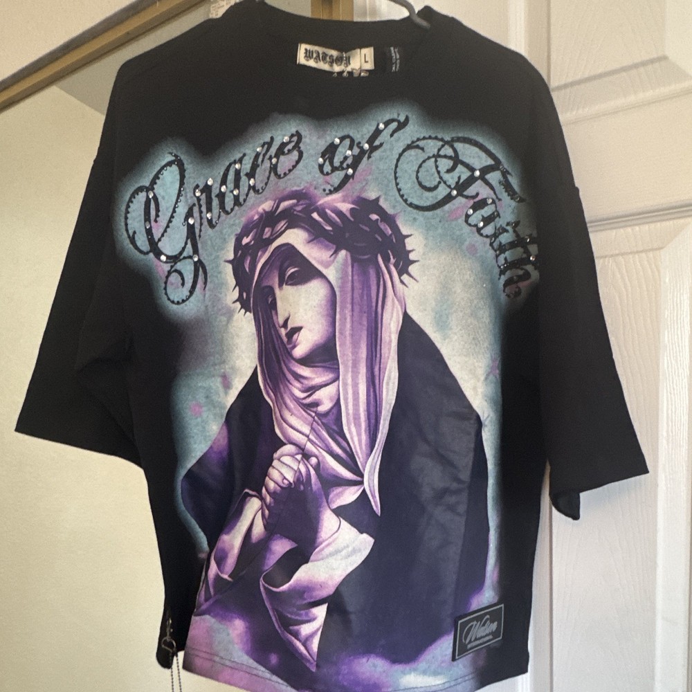 WATSON Religious Graphic Print Mens Crew Neck Short Sleeve T-Shirt Black L