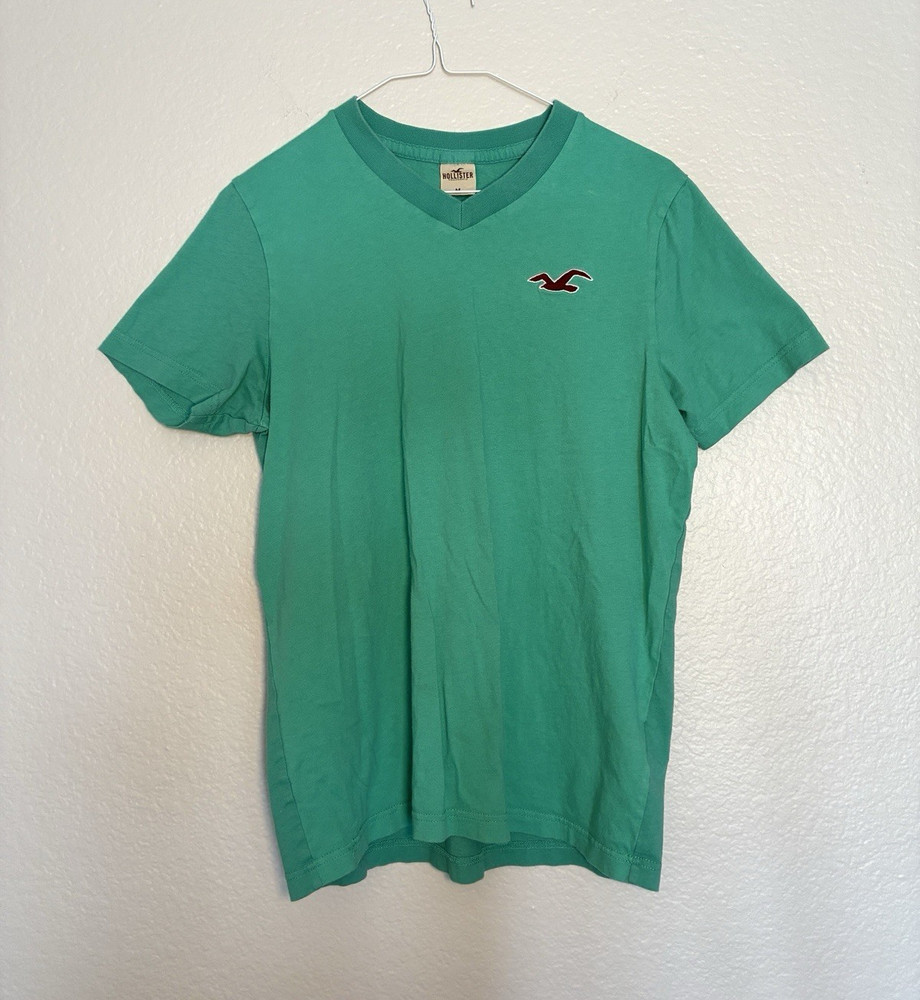 Hollister 100% Cotton Men’s V‑Neck Teal Turquoise Logo T-Shirt Casual Preppy Y2K