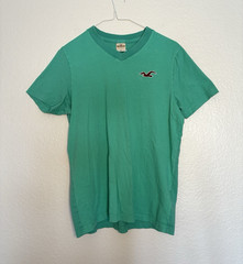 Hollister 100% Cotton Men’s V‑Neck Teal Turquoise Logo T-Shirt Casual Preppy Y2K