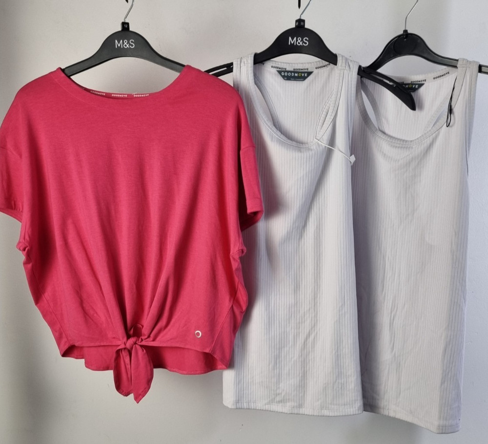 M&S Goodmove Women’s Size 10 Pink Tie Front Top & Silver Grey Vests 3Pcs New