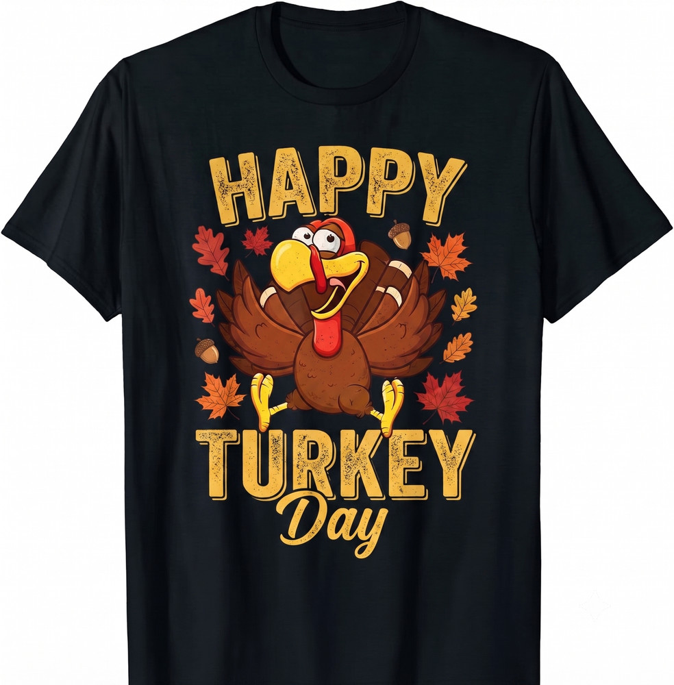 Happy Turkey Day Cartoon Thanksgiving Turkey And Autumn Leaves T-shirt