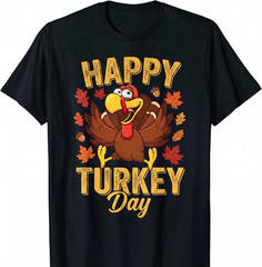 Happy Turkey Day Cartoon Thanksgiving Turkey And Autumn Leaves T-shirt