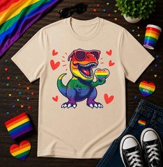 Cute Rainbow Dinosaur Pride Shirt, LGBTQ T Rex Rainbow Heart Tee