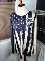 Route 66 Mens Shirt Large Henley Flag USA Blue Brown Button Easy Care