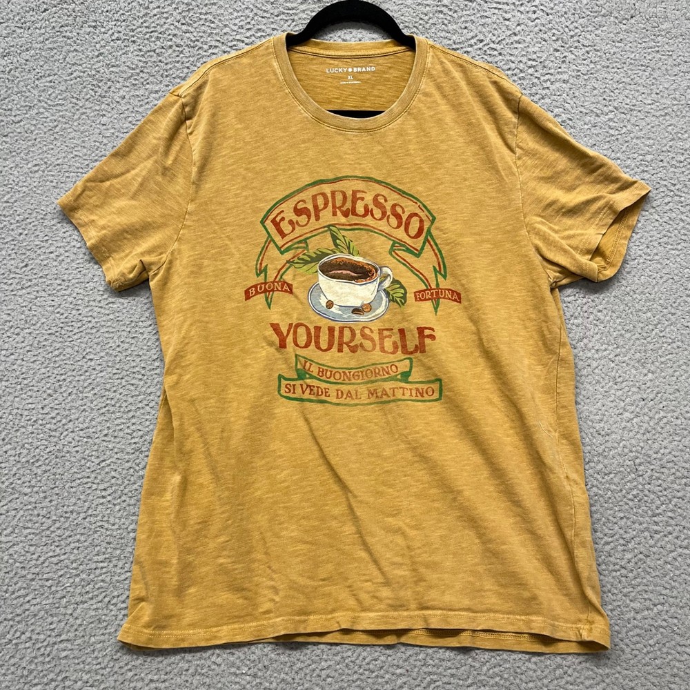 Lucky Brand Shirt Mens XL Yellow Heather “Espresso Yourself” Coffee Crew Neck