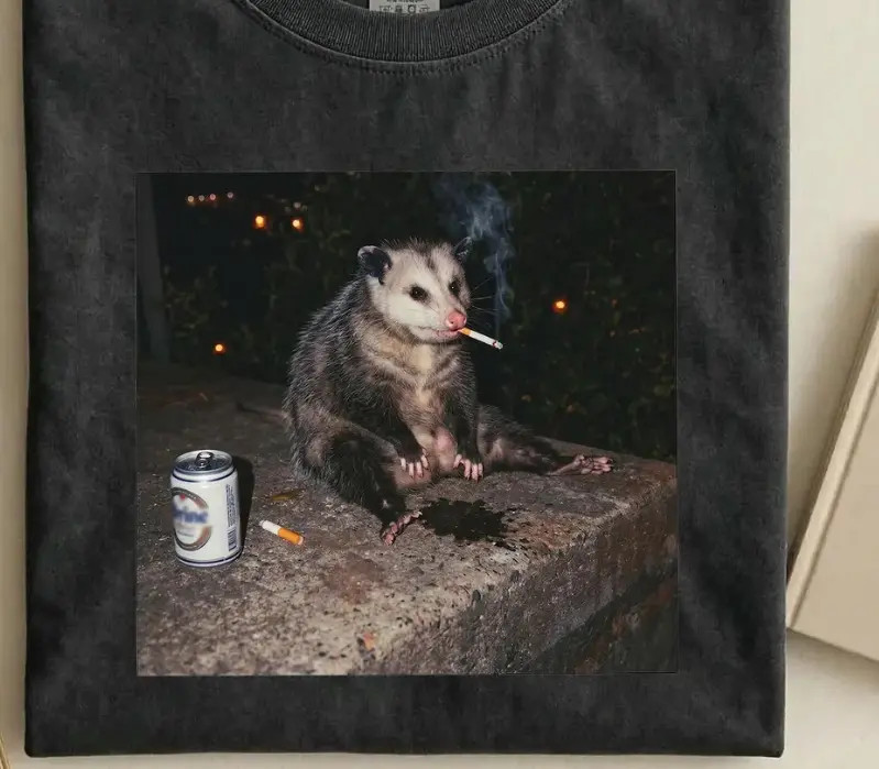 Possum Smoking Beer T-Shirt, Funny Opossum Graphic Tee, Dark Humor Animal Shirt