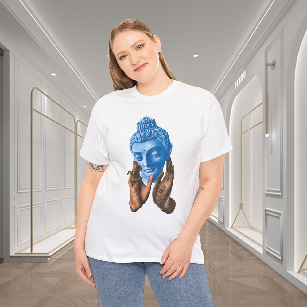 Blue Buddha Head Snake Hands Spiritual Graphic T-Shirt