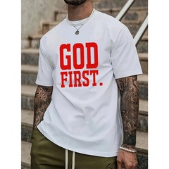 T – shirt featuring bold “GOD FIRST” slogan, for faith – centered fashion