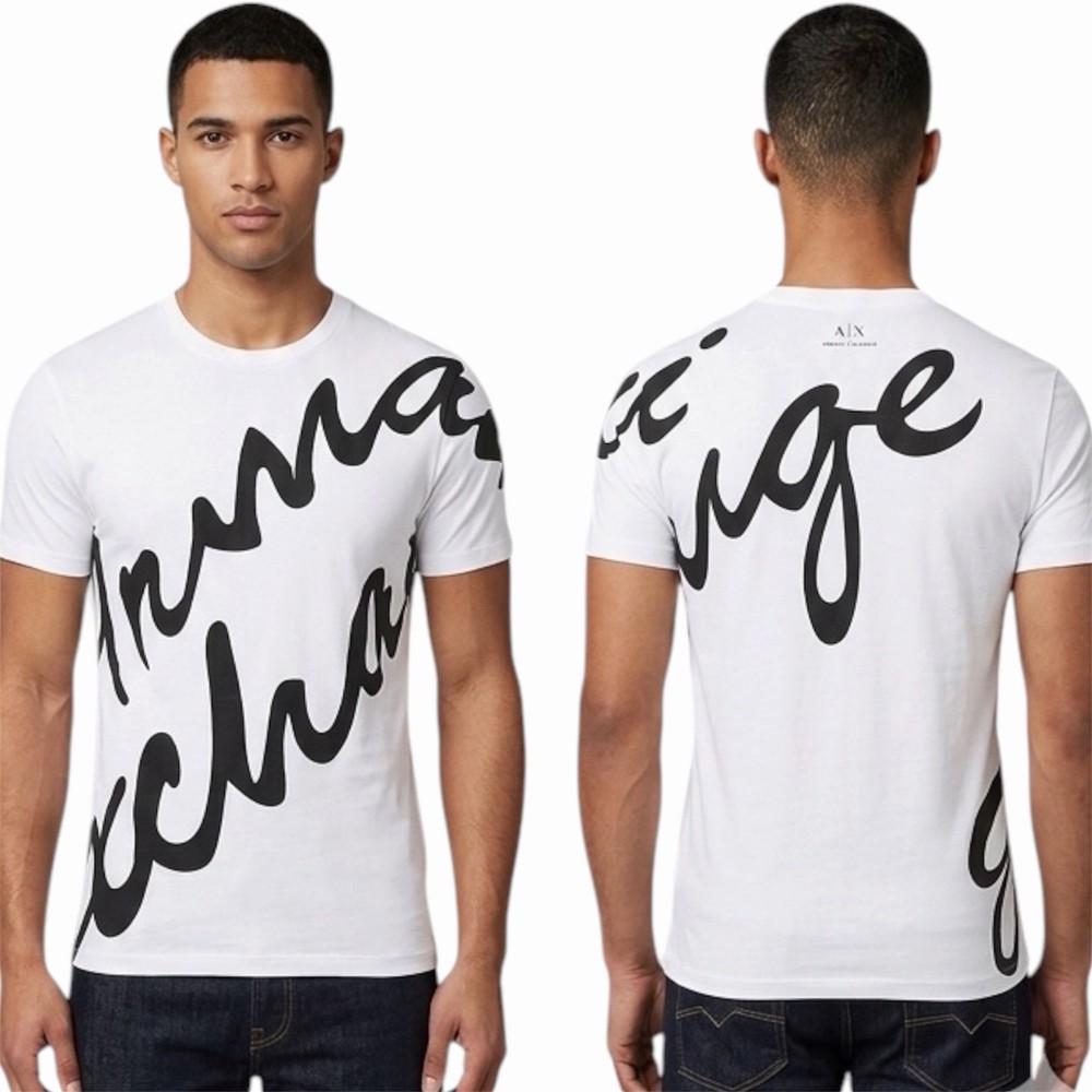 $50 ARMANI EXCHANGE White Black SCRIPT Short Sleeve Slim Fit Designer T-shirt