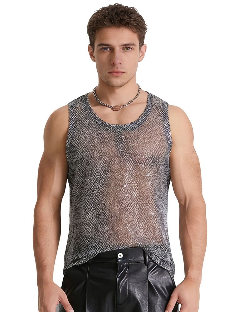Men Tank Mesh Fabric Top Sparkly Vest Fashionable Clubwear Nightclub Fishnet