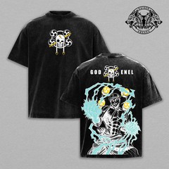 God Enel OP Lightning Graphic Apparel: Vintage Washed Oversized T-Shirt