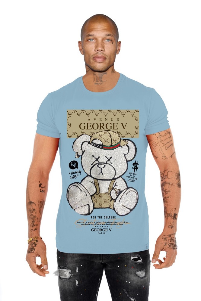 Avenue George V Paris Men’s Short Sleeves T-shirt Sky Blue Rhinestone Teddy bear