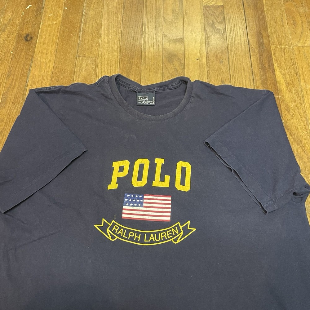 VTG 90s Polo Ralph Lauren T-Shirt Mens XL Blue Single Stitch USA Flag