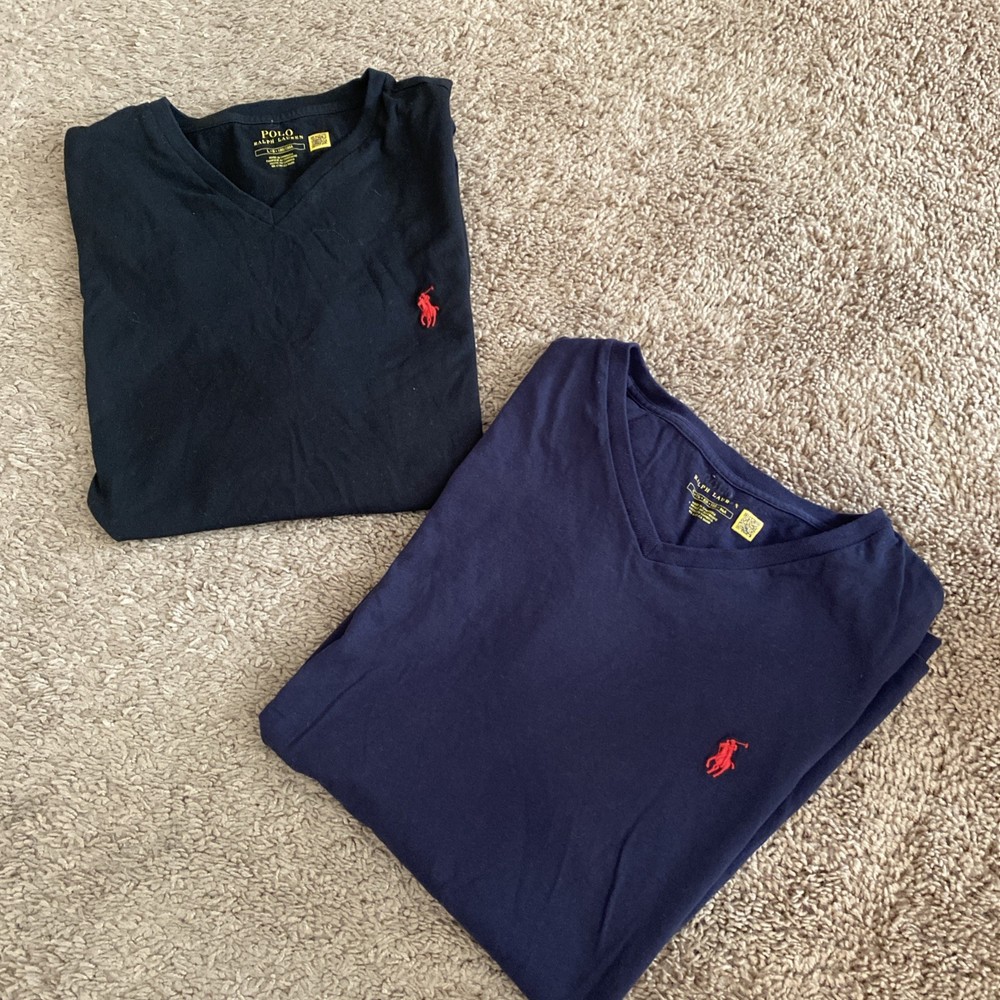 Polo Ralph Lauren Lot Of 2-Men’s Black & Navy W/Red Logo V-Neck T-Shirts L & XL